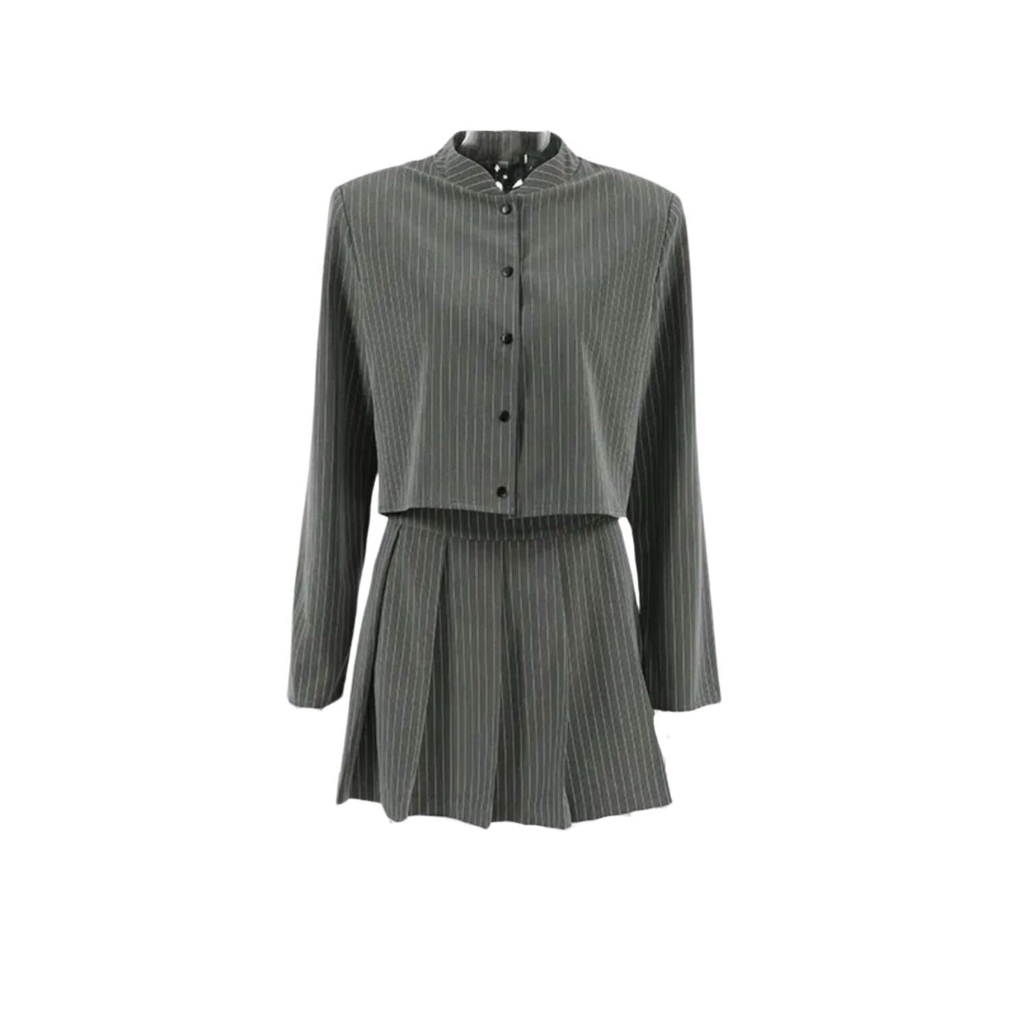 Grey Striped Matching Pleated Skirt And Long Sleeves Jacket Size S