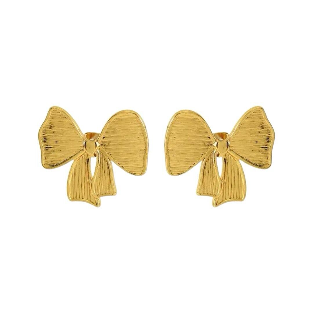 18k Gold Plated Stainless Steel Hammered Statement Bow Stud Earring